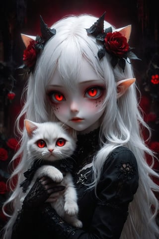 A cybernetic gothic girl ,very long white hair ,straight hair, big red eyes glow like red rubies, chibi doll,holding a cat ,black roses