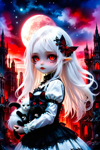 A cybernetic gothic girl ,a ruined cityscape,very long white hair flowing in the wind . red eyes glow like red rubies,  The full moon ,chibi doll,holding a cat