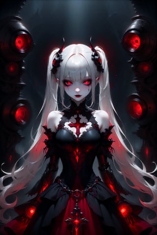 (masterpiece,ultra detailed,high-quality,8k,professional,UHD,)Gothic theme, dark theme, gothic makeup,hair ornaments, long white hair,(blunt  bangs, curly hair,twin ponytails),red eyes,ruby-like eyes , A  girl,, albino demon princess,  evil mechanical body exudes an eerie beauty. Her pale skin contrasts with her intricate, dark, metallic limbs and torso, adorned with sinister gears and glowing red eyes. This chillingly beautiful figure commands a presence that is both mesmerizing and terrifying.,sad, mechanical arms,holding gun with both hands,
limbs tied to a huge cross