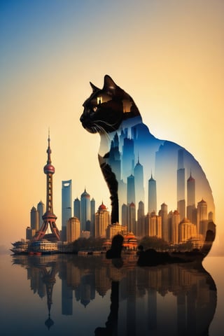 silhouette of a cat, no human. Inside the cat you can see the double exposure with a Scenery of the Oriental Pearl of Shanghai, masterpiece, ((double exposure)), proportional.,DOUBLE EXPOSURE