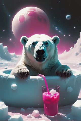 wide angle,Long distance shot, side view of the body ,A polar bear Lying in a bathtub filled with ice cubes,holding a pink drink in hand ,Ice covered him,
on the moon,.there's a galactic pink view of Earth from space, with the planet appearing to be exploding. The vastness of space is filled with stars, explosion fragments, photo,