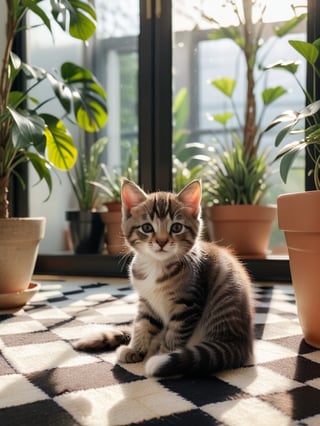 A cinematic long shot of a real cute cat cub lying peacefully on a checkered floor, surrounded by vibrant indoor flora. Soft sunlight pours in through the window, casting a warm glow on the scene. A small flower and potted plant sit nearby, with a majestic tree visible outside the window. The cat's playful pose is framed perfectly against the beautiful scenery, exuding an air of serenity.,more detail XL