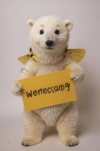 Film lighting,A cute polar bear cub,  in comically ill fitting bee-costume-, (holding sign with text ), in the style of, meticulous details, ultimate photo-realistic, (holding sign that reads "cosplay BEE" ), 32k, Photo realism, Hyper-realistic, analog style, realistic, film photography, 
 (Masterpiece, award-winning work) many details, extremely meticulous, high quality,  real photo shot, art composition,more detail XL,,,<lora:659095807385103906:1.0>