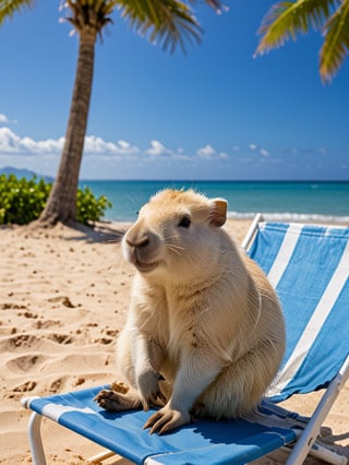 A serene beach scene: a cute white Capybara cub lounges on a blue and white striped beach chair,  a cup of ice drink on his head, under the shade of a blue and white parasol. In the background, the vast blue ocean stretches out to meet the shore, with gentle waves caressing the warm sand. A palm tree stands tall nearby, its long fronds swaying gently in the breeze. The atmosphere is one of relaxation and tranquility as the Capybara basks in the warmth and enjoys the refreshing treat.,<lora:659095807385103906:1.0>