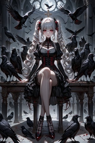 (masterpiece,ultra detailed,high-quality,8k,professional,UHD,)Gothic theme, dark theme, gothic makeup,hair ornaments, long white hair,(blunt  bangs, curly hair,twin ponytails),red eyes,ruby-like eyes , full body shot,Sit on the table, cross legs, Raise an arm, and a crow lands in the palm of your hand, surrounded by black crows,
side shot,Expressiveh