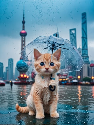 Long shot of character, movie style, cinematic lighting,A cute kitten， a  transparent umbrella in its hand，Half his body in blue water. In the background is the Shanghai Bund with landmarks such as the Oriental Pearl Tower.rainy day，
 (Masterpiece, award-winning work) many details, extremely meticulous, high quality,  real photo shot, art composition,more detail XL,
,<lora:659095807385103906:1.0>,<lora:659095807385103906:1.0>