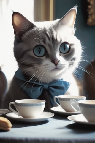 Realistic photograph of a cat ，Extremely realistic, high-definition, real cat,A cute big-eyed cat is  Having afternoon tea dressed as Alice in Wonderland， mysterious space.Add more details XL, david teniers the younger, charming character illustrations, use of screen tones, 32k, subsurface scattering, Photo realism, Hyper-realistic, analog style, realistic, film photography, soft lighting, heavy shadow