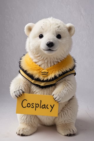 Film lighting,A cute polar bear cub, Wearing a cute bee costume, (holding sign with text ), in the style of, meticulous details, ultimate photo-realistic, (holding sign that reads "cosplay BEE" ), 32k, Photo realism, Hyper-realistic, analog style, realistic, film photography, 
 (Masterpiece, award-winning work) many details, extremely meticulous, high quality,  real photo shot, art composition,more detail XL,,,<lora:659095807385103906:1.0>