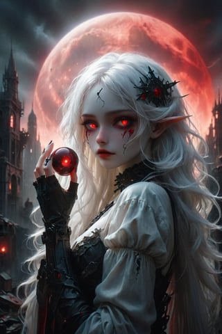 A cybernetic gothic girl ,a ruined cityscape,very long white hair flowing in the wind . red eyes glow like red rubies,  The full moon ,holding a big shining mirror reflective knife in hand