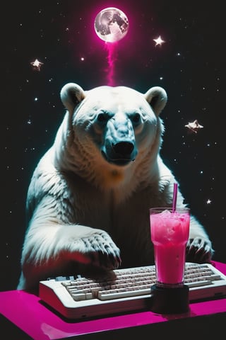 A polar bear sitting at a Retro table and using a Retro typewriter , a pink drink on the table, wide angle, long shot,on the moon.  Behind the polar bear , there's a galactic pink view of Earth from space, The vastness of space is filled with stars, explosion fragments, and the moon's surface is dotted with rocks and craters., photo,full body,long shot, wide angle