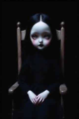 Chinese (white porcelain)  doll with a cracked face and limbs sitting on an old wooden rocking chair in a cabin, black hair, evil eyes, black goth dress, haunting lighting effect, detailed, cinematic, atmospheric, digital painting, eerie atmosphere, character design by Jasmine Becket-Griffith and Mark Ryden, gothic style, 4k resolution, (pale albino skin:1.4), (glass skin textures), (night:1.4), (dark:1.4), (moonlit:1.4), (dark skies:1.4)