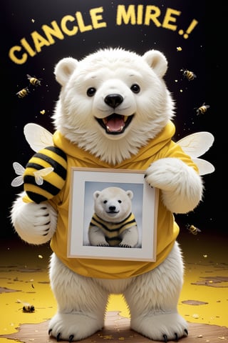 Film lighting,A cute polar bear cub,  in comically ill fitting bee-costume-, (holding sign with text ), in the style of, meticulous details, ultimate photo-realistic, (holding sign that reads "cosplay BEE" ), 32k, Photo realism, Hyper-realistic, analog style, realistic, film photography, 
 (Masterpiece, award-winning work) many details, extremely meticulous, high quality,  real photo shot, art composition,more detail XL,,,<lora:659095807385103906:1.0>