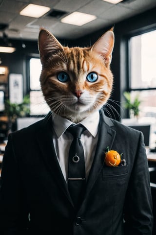 Create an image of a cat individual in a Black suit and shirt tie, holding an orange and white cat with piercing blue eyes. The setting should have soft, cool-toned colors that make the black suit stand out, capturing the essence of elegance and companionship between individual and pet.The background is a modern office
