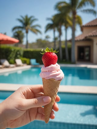 A high-resolution photo of a close-up of a cat's paw holding a strawberry ice cream in front of a luxury swimming pool. The backdrop is a serene, inviting swimming pool with clear blue water, flanked by tall palm trees that create beautiful reflections in the water. The sky above was clear and bright, creating a perfect summer atmosphere. The composition emphasizes the bright colors of the ice cream and pool, creating a refreshing and relaxing atmosphere.
