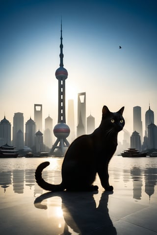 (Masterpiece, award-winning work) Silhouette of a cat filled with the scene of the Oriental Pearl of Shanghai, double exposure, more detail XL