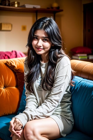 beautiful cute young attractive indian teenage girl, village girl, 18 years old, cute, Instagram model, long black_hair, colorful hair, warm, dacing, in home sit at sofa, indian,1 girl 