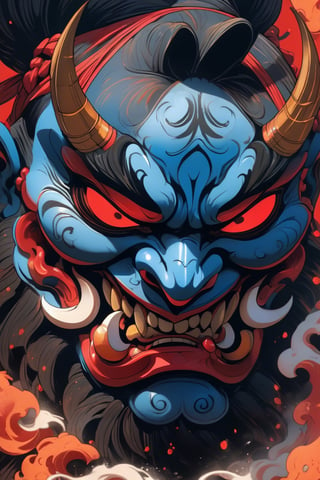  a nightmarish appearance of the evil ((mask) ), Japanese Oni culture , portrait view, highly detailed, 8k, Hyperrealistic, splash art, concept art, mid shot, intricately detailed, color depth, dramatic, 2/3 face angle, side light, colorful background,LegendDarkFantasy,oni style