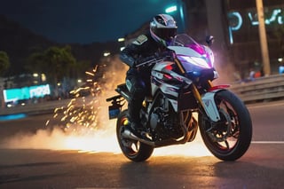 8K, UHD, low angle shot, photo-realistic, cinematic, dramatic angle crop, night street buildings scene with neon streaks, slow shutter speed, big motorbike banking very super low on a bend, knee touching road, eyes seen through helmet,  rider wearing racewear, beautiful 1600cc futuristc bike with neon lights, focused look, depth of field, small sparks on wheel, smoke on back wheel,  chased by police car in background