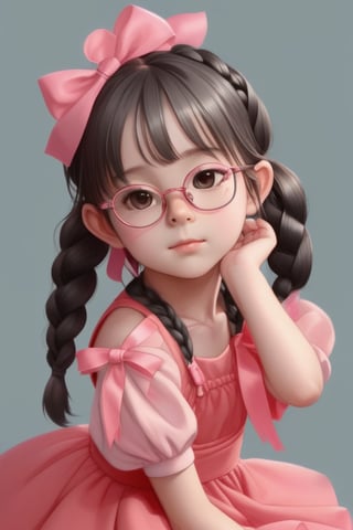 1girl, long hair, blush, black hair, dress, ribbon, twintails, standing, full body, closed eyes, hair ribbon, braid, glasses, sleeveless, artist name, grey background, twin braids, hug, sleeveless dress, animal, cat, child, pink dress, pink ribbon, black-framed eyewear, pink footwear, female child, whiskers