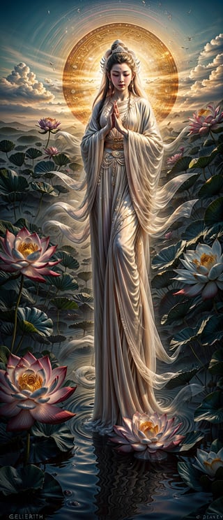 photorealistic, high resolution, 1girl, photo of one of the most well-known figures in Chinese mythology and religion, Guanyin (觀音) is the goddess of mercy and compassion,A colourful lotus pond in the background,
 Guanyin is most commonly depicted as a woman in white robes,Pray with both hands. ((Full body Ethereal, Ethereal and Delicate Artwork)), vibrant colors, contrasting shadows, aura_glowing, colored_aura, transparent_clothing,guanyin