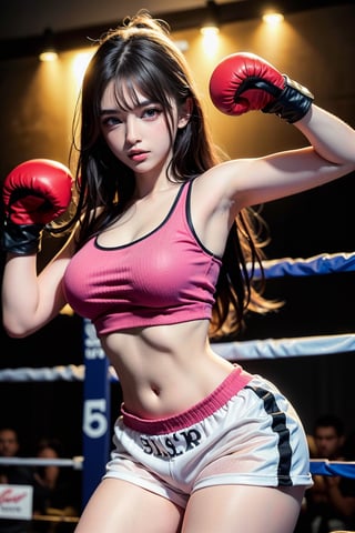 1girl, solo, long brown hair, tank top, midriff, shorts, boxing gloves, dynamic pose, fighting ring, photoreal ai girl,3va,perfecteyes eyes