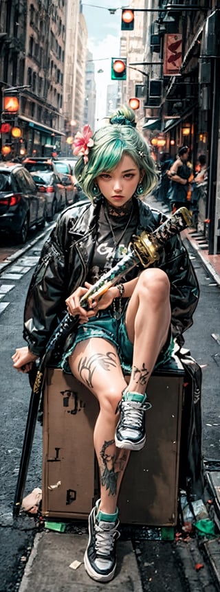 1girl, solo, looking at viewer, ((light green hair))bangs, shirt, black hair, hair ornament, jewelry, sitting, full body, weapon, flower, earrings, shoes, shorts, sword, hair flower, hair bun, black eyes, bracelet, tattoo, katana, sneakers, box, head rest, sheathed, arm tattoo, leg tattoo,IncrsUnsheathingAKatanaMeme