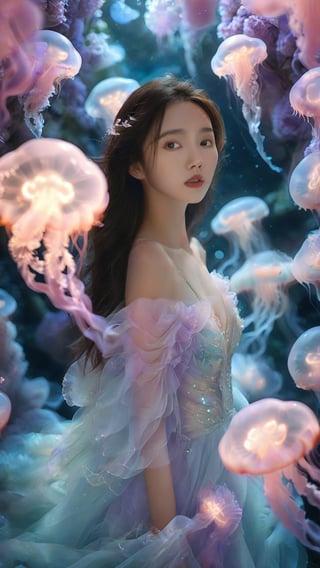 An Asian young woman with long flowing hair, adorned in a delicate lavender gown, surrounded by a mesmerizing enchanted garden environment. She stands amidst a dance of luminescent jellyfish, which glow in hues of pink and blue. The backdrop is filled with blooming flowers, punctuated by the soft glow of bioluminescent petals and the gentle rustle of leaves. The woman's gaze is distant, as if lost in thought, while the jellyfish float gracefully around her, creating an ethereal and dreamlike atmosphere.