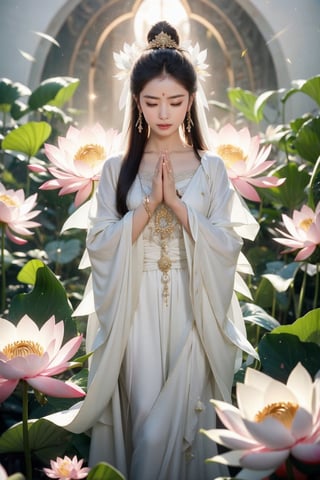 Guanyin wear white dress in heaven with magical lotus in background , Pray with both hands,bamboo leafs, half shot, miracle flares 