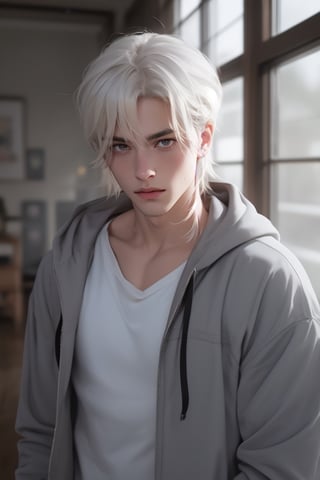 solo, long hair, looking at viewer, bangs, blue eyes, shirt, 1boy, hair between eyes, closed mouth, collarbone, jacket, white shirt, upper body, white hair, male focus, indoors, hood, long hair, blurry, lips, head tilt, pillow, grey eyes, window, hoodie, depth of field, blurry background, hood down, plant, curtains, beefcake, bodybuilder, muscular