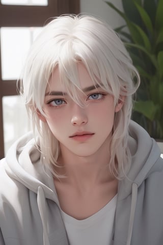 solo, long hair, looking at viewer, bangs, blue eyes, shirt, 1boy, hair between eyes, closed mouth, collarbone, jacket, white shirt, upper body, white hair, male focus, indoors, hood, long hair, blurry, lips, head tilt, pillow, grey eyes, window, hoodie, depth of field, blurry background, hood down, plant, curtains