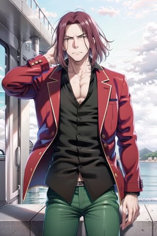 Masterpiece,Best  Quality, High Quality, (Sharp Picture Quality), Red brown hair, boy, short hair, school uniform, red jacket, green trousers, black ties,loose tie, open the neck shirt.On the boat,Looking at the sea,solo,
alone, beefcake, bodybuilder, muscular