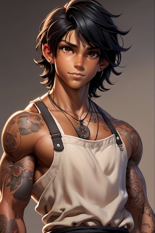 messy hair, guy, boy, tan skin, middle part hair, black hair, brown eyes, abs, muscular, tan, guy, boy, teenager, middle part, neck tatoos, short hair, necklace, jewlery, bulky, naked, wearing apron, 