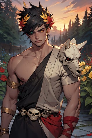 1boy, zagreus, laurel crown, heterochromia, (red right eye, black sclera on right eye) skull, belt, greek clothes, single bare shoulder, sword over shoulder, muscular, garden, flowers, sunset, cowbow shot. 