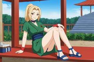 TsunadeSenju, 4k, absurd, high resolution, very high resolution, high definition, masterpiece, 1girl, solo, looking at viewer, smile, blonde hair, brown eyes, closed mouth, ponytail, outdoors, she wore green mesh shirt and over it a green-coloured kimono with short sleeves and red-lining around the collars which she secured with a blue sash. She also wore red wristbands and white wrapping over her calves with blue sandals., (lora:EMS-401777-EMS:0.800000), younger