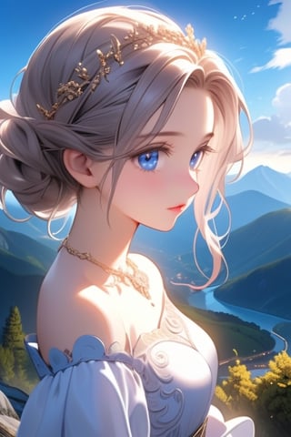 ((best quality)), ((masterpiece)), ((ultra-detailed)), extremely detailed CG, (illustration), ((detailed light)), (an extremely delicate and beautiful), a girl, solo, ((upper body,)), ((cute face)), expressionless, (beautiful detailed eyes), blue radient eyes, (Vertical pupil:1.2),on the edge of a mountain, captivating view,slightbackturn,mountainview,lights,glowing,white dress,royal embodiment 