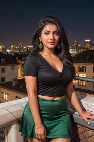 (ultrarealistic, ultradetailed)1.3, a woman, indian, beautiful, hourglass body, curvy, shapely, long wavy brunette with highlights hair, seductive smile, detailed brown eyes, detailed full lips, perfect nose, detailed face, (wearing a short sleeve deep v neckline green top, black skirt with slit), ((posing against railing, roof top bar, city skyline view, nighttime, highly detailed background)), vivid colors, incandescent lighting, street lights, building light, moonlit, visible skin details, highly detailed skin, realistic skin texture, (photorealistic, 32K UHD resolution, high quality, masterpiece, best quality, maximum detailed)1.3