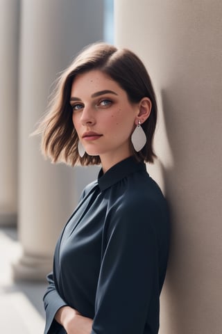 Close up of Frence model posing for photo.
minor face imperfections. freckle. small wrinkle.
White blouse with neck tie and regular black dots in vertical pattern.
Diamond teardrop shaped earings.
Background arc de triomphe
Diffused lighting
Shallow depth of field
Cinematic lighting

