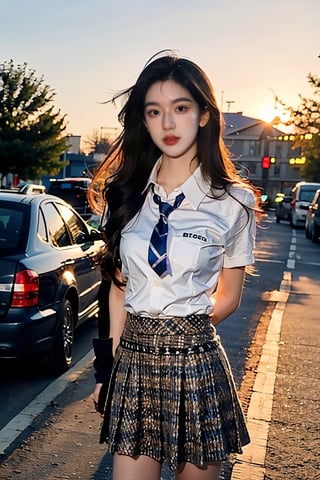 generally attractive instagram model, brown hair, street view, golden hour, distance from camera 5m, make it look realistic, long hair, looking at viewer, white school uniform, white shirt, necktie, collared shirt, plaid skirt, arms behind back,full_body,standing,165cm tall,long leg,skinny,