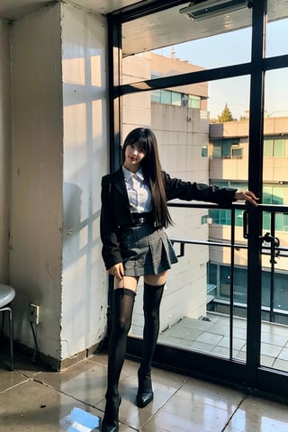 generally attractive instagram model, make it look realistic,1girl, solo,long hair, looking at viewer, skirt, black hair, black eyes, thighhighs, long sleeves, dress, standing, full body, black thigh highs, ((blunt bangs)), high heels, zettai ryouiki, plaid, over-knee highs,165 cm tall,long leg,
,nanalorashy,thin leg,100cm leg,