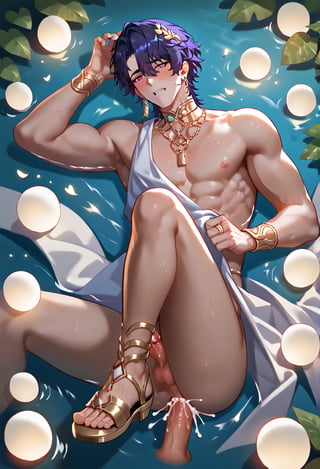 1boy, male focus, dr.ratio, honkai:star rail,wavy dark blue hair that partially covers his left eye, reddish-pink eyes, yellow ring around the pupils, muscular, (pale white glowing vampire skin), anal sex, laying on water, feets up, being fucked, Ancient Roman style open toe shoes, toes open, serious face, blush, cum, best quality, amazing quality, best aesthetic, absurdres