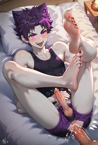 1boy, male focus, Yoichi Yukimura, Camp Buddy, style_parody, camp buddy game style,purple hair, Fuchsia Purple eyes, naked, Pink and pale white skin, muscular, thin waist, Large pecs, (Purple boxer shorts and a dark purple tank top with the number 69 on it), tongue sticking out, mouth open, smiling,little bit angry, blush, frown,large penis, legs up,young boy, twink, ((colored skin)), ((skin color: pale)) , ((glowing pale white skin)), ((pale white vampire skin)), anal sex, missionary, (being fucked), ((toes spread)), ((toes open)), twitching toes, (black pointed nails), Slim and skinny long feet and toes, slender ankles, (laying on bed), solo, twitching,motion_lines,cum, look at viewer, half-closed blurred eyes, best quality, amazing quality, best aesthetic, absurdres