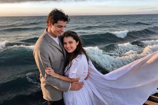 A realistic couple stands on the Titanic ship, with the Atlantic Ocean waves behind them. The girl's face resembles that of a doll, smiling gently, while the boy's face is handsome, with a determined expression. The boy holds the girl in his arms, and there's an intense connection evident in their eye contact. A gentle breeze ruffles the boy's hair, and the girl's clothes shimmer in the light. The scene is vibrant and dynamic, capturing a moment of their romance amidst the vastness of the ocean."