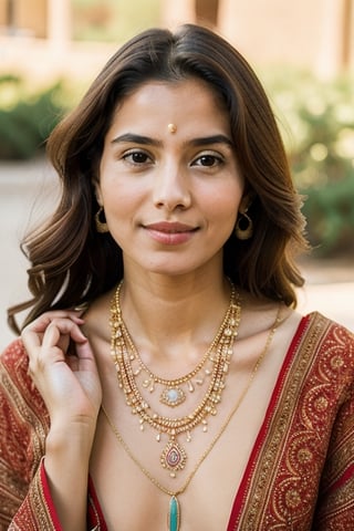 Around her neck, she wears a simple yet elegant necklace, a piece of heritage jewelry passed down through generations, symbolizing her connection to her ancestors and the enduring strength of her family bonds. Her hands are adorned with delicate henna patterns, representing joy, celebration, and the beauty of life's fleeting moments.