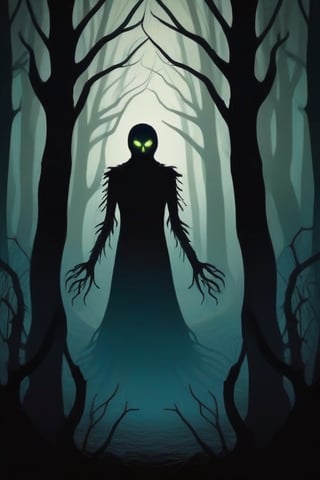 Craft a chilling illustration depicting a shadowy figure lurking in the depths of a haunted forest, its glowing eyes piercing through the darkness as twisted branches reach out like skeletal fingers. The eerie atmosphere evokes a sense of foreboding as the figure watches silently from the shadows."