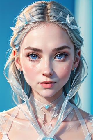 A (((vividly realistic ice woman portrait))), featuring intricate Details that convey a sense of cuteness, with frosty surfaces and (delicate patterns) that mirror the subject's essence