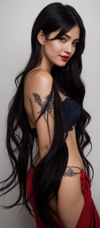 Generate hyper realistic image of a woman with long, flowing black hair cascading down her shoulders, her piercing blue eyes gazing directly at the viewer, framed by a subtle touch of makeup accentuating her features. Her lips, painted with a bold red lipstick, part slightly in an alluring smile, drawing attention to the delicate curve of her nose. A hint of a tattoo peeks out from the sleeve of her top, adding an intriguing element to her allure.