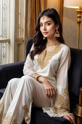 beautiful cute young attractive girl indian, teenage girl, village girl,18 year old,cute, instagram model,long black hair . Envision a Pakistani girl in a beautiful white shalwar kameez, seated elegantly in a luxurious hotel lounge, her chest subtly emphasized, exuding confidence and grace, adorned with exquisite jewelry including dangling earrings, Paperwork, intricate paper cutting with layered textures and delicate patterns, --ar 16:9 --v 5