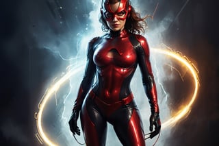 A detailed digital painting of a sexy female flash in a dynamic pose foggy style . The suit is in latex  and high-tech details. the shield on the back.the mask is in latex .The color scheme is a mix of dark and bright colors that contrast each other. The image is rendered with maximum detail and post-processing, achieving photorealistic quality. The scene is set in a modern cityscape darkness

