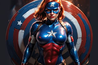 A detailed digital painting of a sexy female Captain America in a dynamic pose. The suit is in latex  and high-tech details. the shield on the back.the mask is in latex .The color scheme is a mix of dark and bright colors that contrast each other. The image is rendered with maximum detail and post-processing, achieving photorealistic quality. The scene is set in a modern cityscape 

