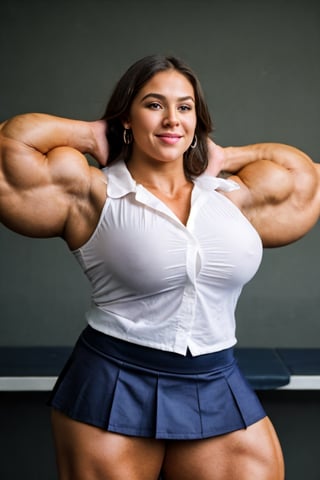 A heavily muscled iffb pro female bodybuilder,  a schoolgirl wearing a silk buttoned shirt, short skirt.